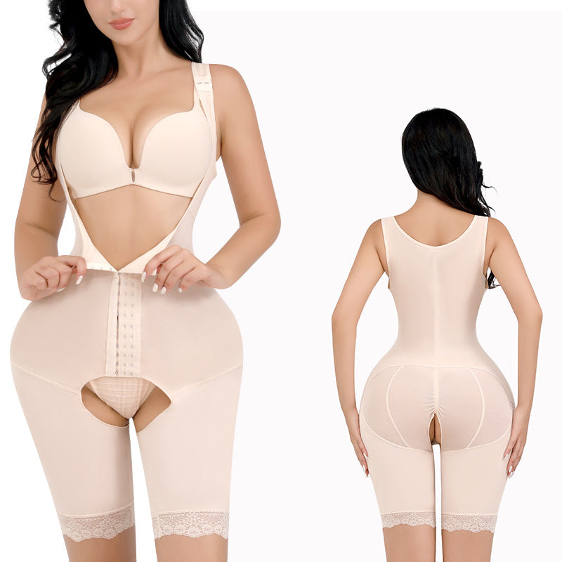 Body Sculpting Jumpsuit Women's High Waist Belly Pants Suspenders Corset Waist Body Shape Large Size Buttocks Lace Leggings