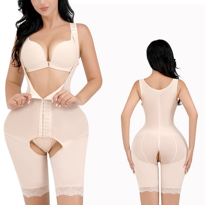 Body Sculpting Jumpsuit Women's High Waist Belly Pants Suspenders Corset Waist Body Shape Large Size Buttocks Lace Leggings