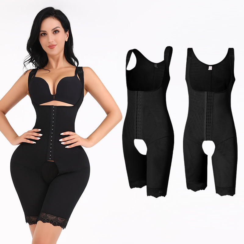 Body Sculpting Jumpsuit Women's High Waist Belly Pants Suspenders Corset Waist Body Shape Large Size Buttocks Lace Leggings