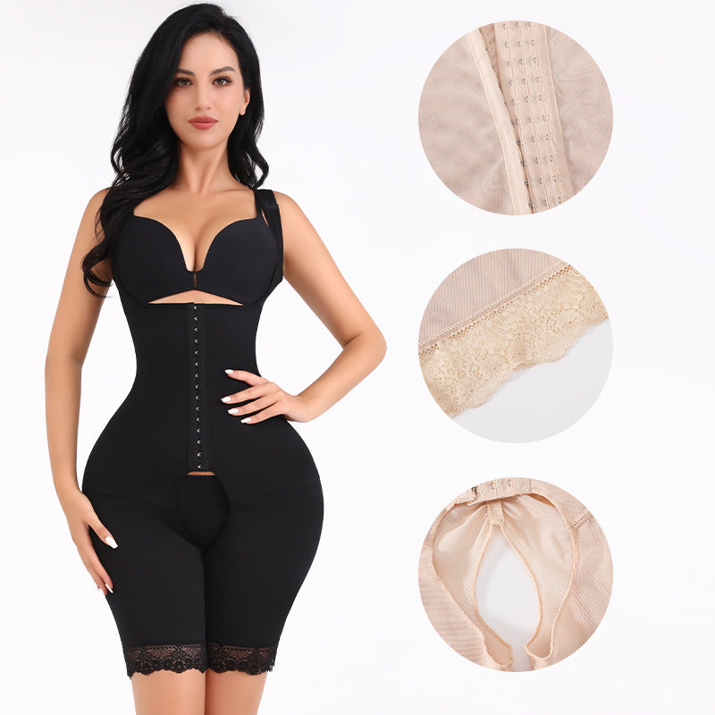 Body Sculpting Jumpsuit Women's High Waist Belly Pants Suspenders Corset Waist Body Shape Large Size Buttocks Lace Leggings