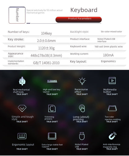 Mechanical Gaming Keyboard - E-Sports RGB Keyboard with Detachable Cable