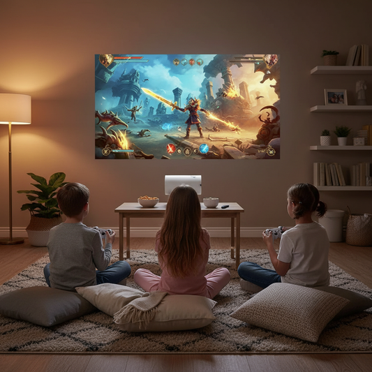 Kids facing projected game screen