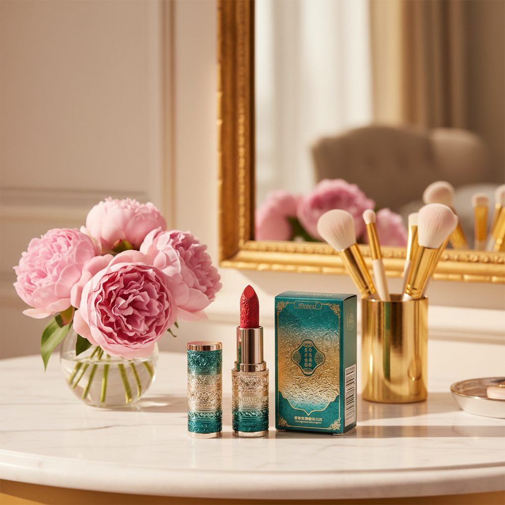 Red matte lipstick on marble vanity