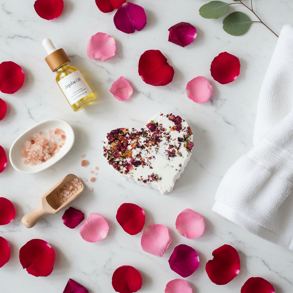 Rose heart bath bomb flat lay