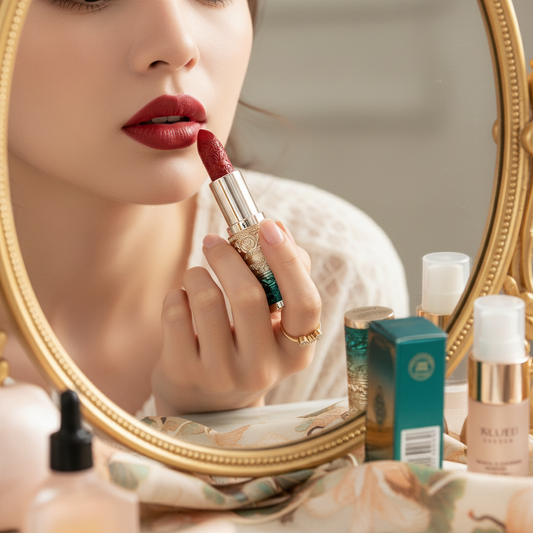 Woman applying red velvet lipstick