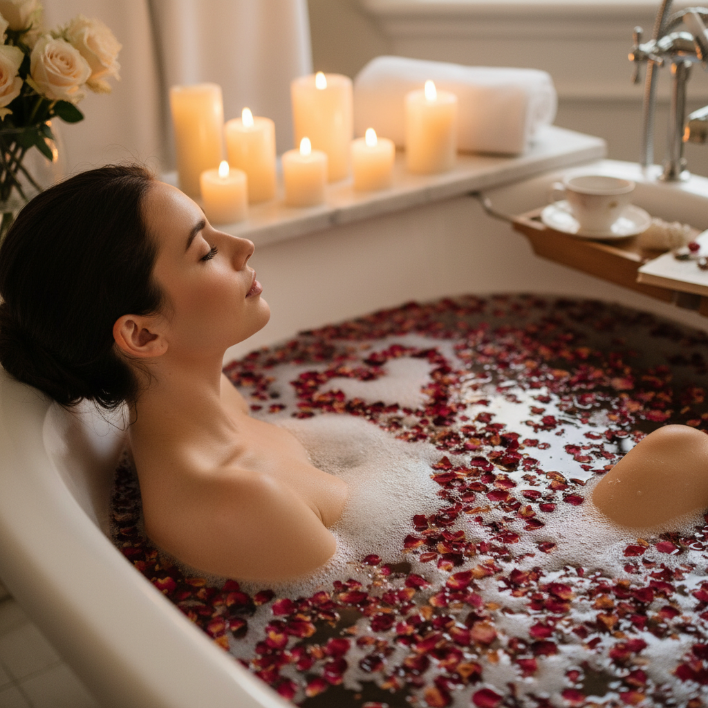 Woman using rose heart bath bomb