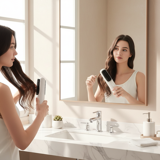 Woman using wireless hair straightening brush